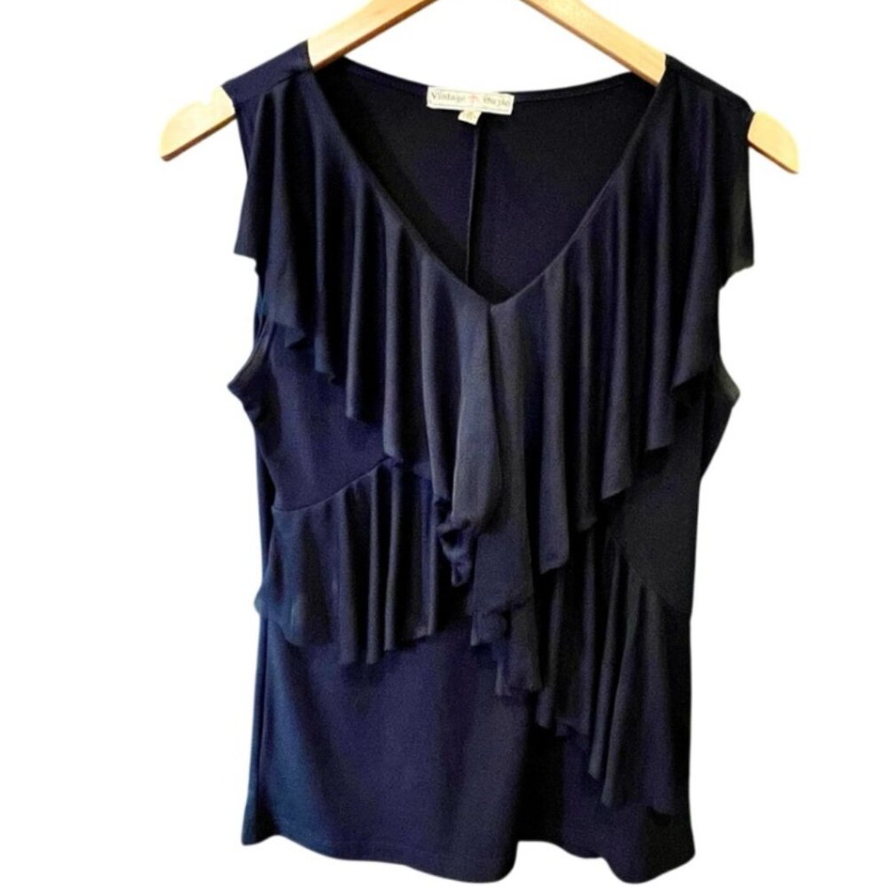 Vintage Suzie Navy Cascading Ruffle Sleeveless Top – Size S